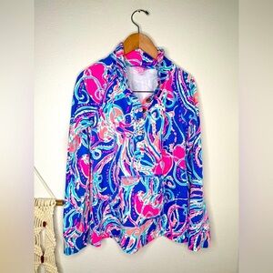 Lilly Pulitzer Captain Popover Iris Blue Pop Up Sweatshirt Pink blue Buttons